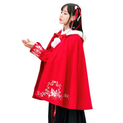 4179传统汉服重工刺绣学生连帽呢子改良汉元素日常披风
