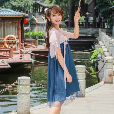 中国风改良汉服绣花连衣裙夏季日常汉元素高腰双层齐胸襦裙女7621