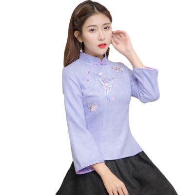 7145春秋新款日常民国复古旗袍上衣改良汉服中式唐装长袖茶艺服女