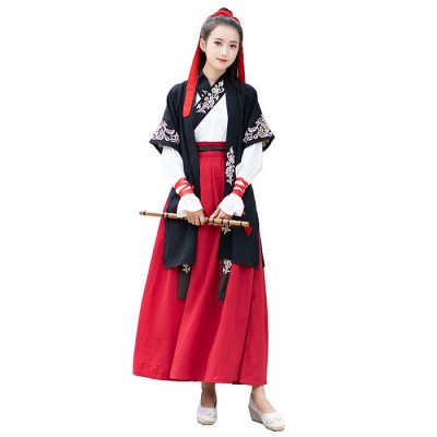 91085汉元素半臂绣花交领长袖襦裙汉服武侠风情侣CP装学生服套装